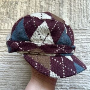 Women’s Argyle Knit Cap with Visor - Burgundy, Blue, Cream